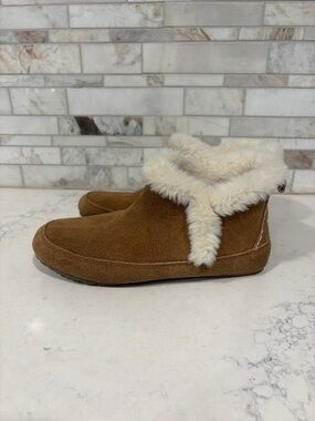 Lands' End Womens Brown Suede and Cream Faux-Fur Cuff Slip-On Slippers Sz 7